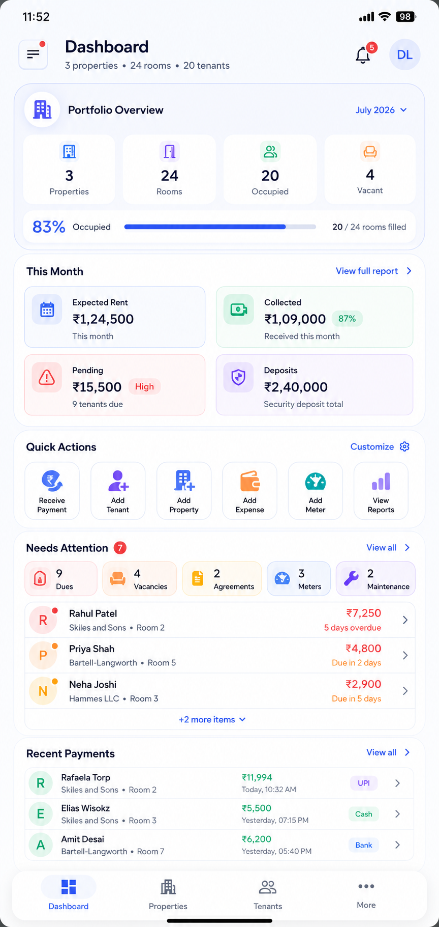 KirayaBook mobile overview screen