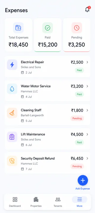 KirayaBook expenses screen with paid and pending property costs