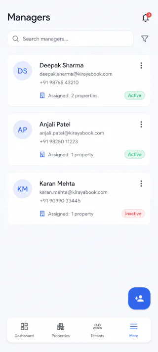 KirayaBook managers screen with assigned properties and access status
