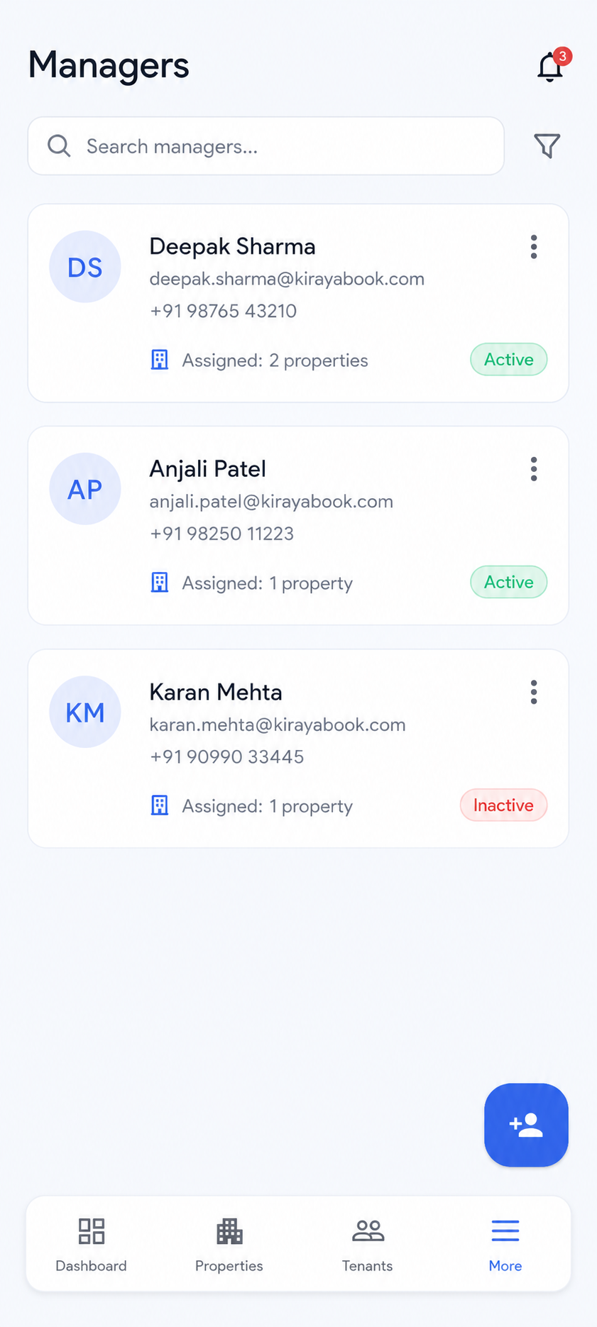 KirayaBook managers screen with assigned properties and access status