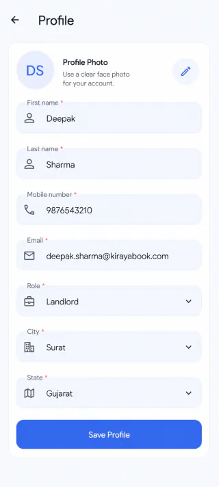 KirayaBook profile screen with account details and save button