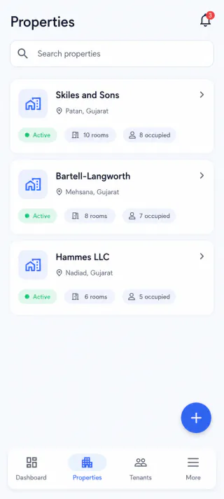 KirayaBook property list screen with active properties and room counts