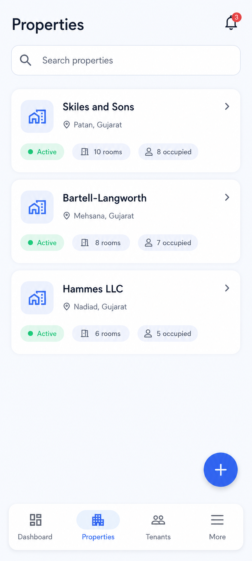 KirayaBook property list screen with active properties and room counts