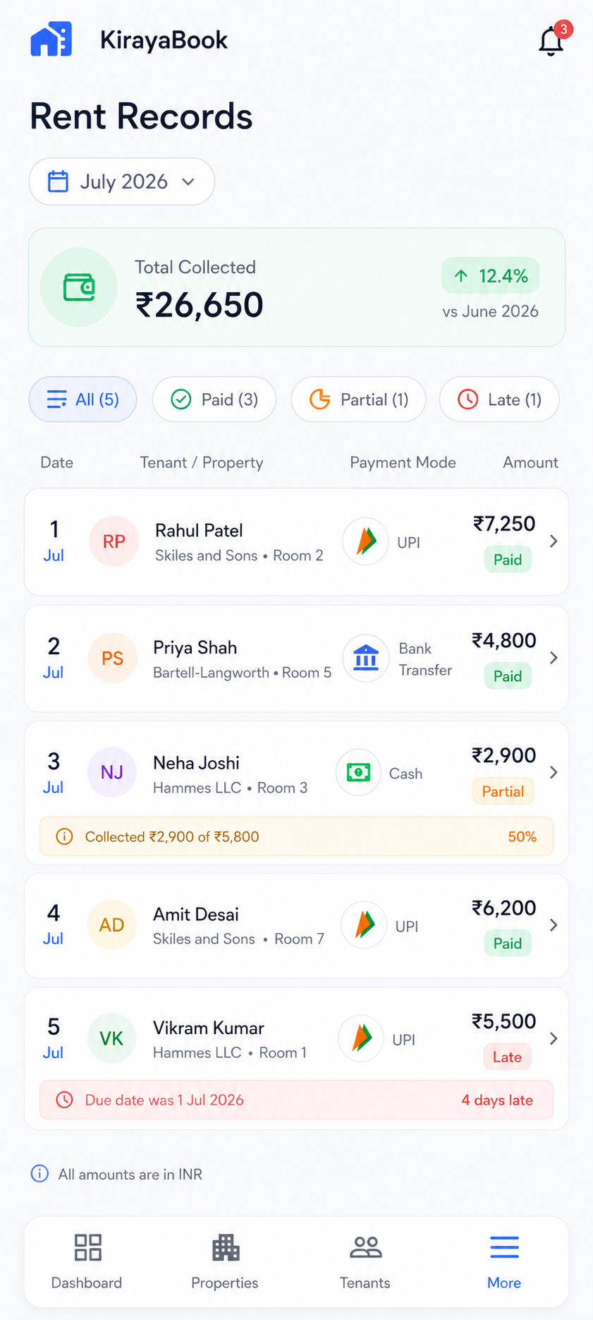 KirayaBook rent records screen with paid, partial and late payments