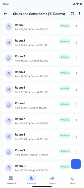 KirayaBook rooms screen showing rent, deposits and active status