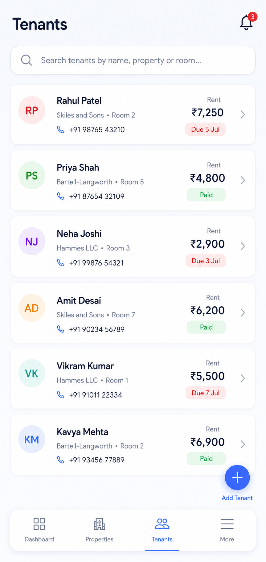 KirayaBook tenant records screen with rent status and phone numbers